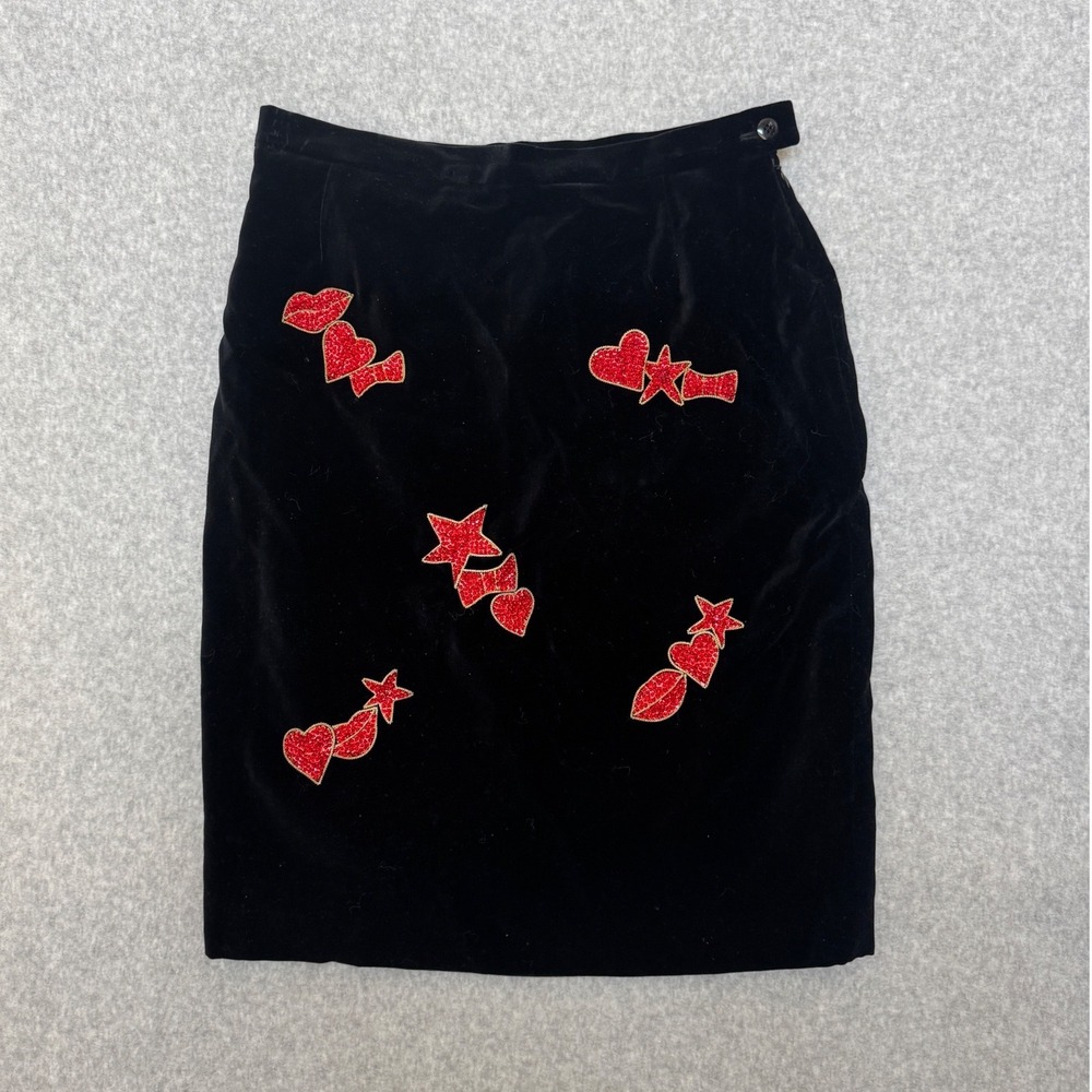 Escada Margaretha Ley Black Velvet Sequin Heart Star Lips Skirt Size 8/10 VTG